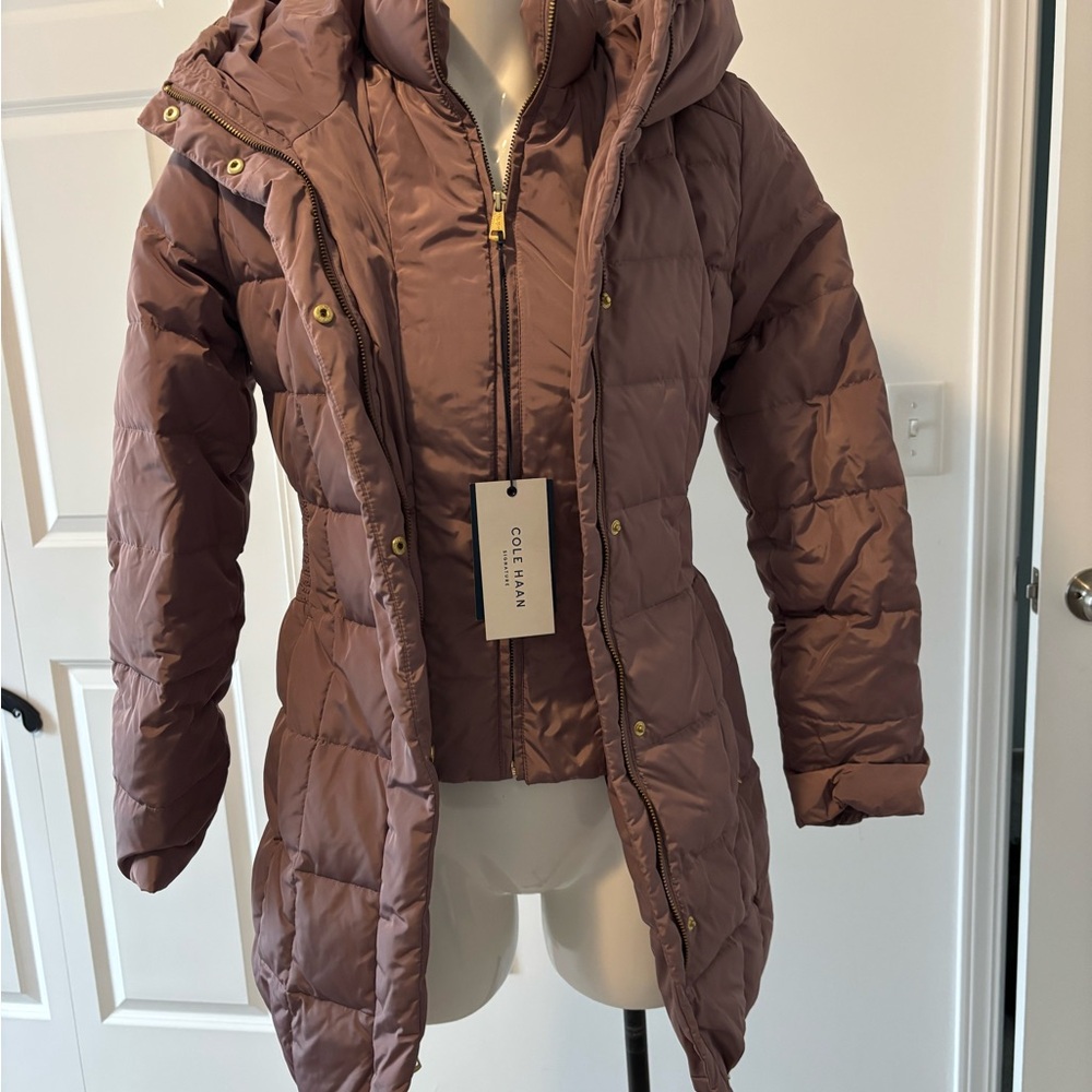 Cole Haan Tan Puffer Jacket with Hood and Quilted Design